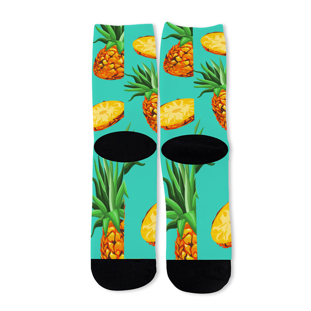 Pastel Turquoise Pineapple Pattern Print Long Socks
