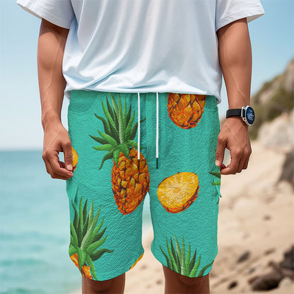 Pastel Turquoise Pineapple Pattern Print Men's Cargo Shorts