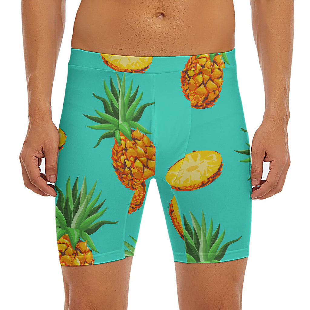 Pastel Turquoise Pineapple Pattern Print Men's Long Boxer Briefs