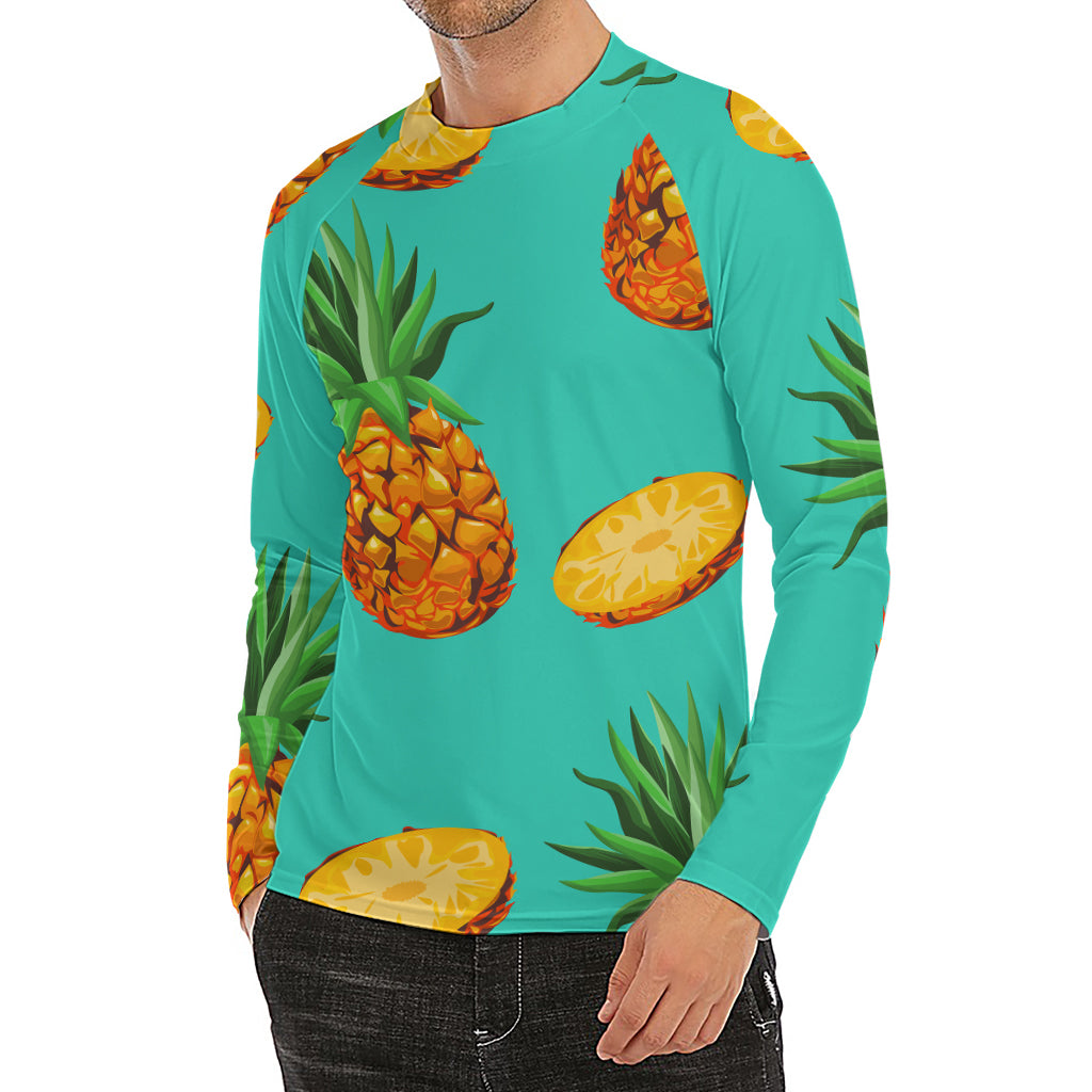 Pastel Turquoise Pineapple Pattern Print Men's Long Sleeve Rash Guard