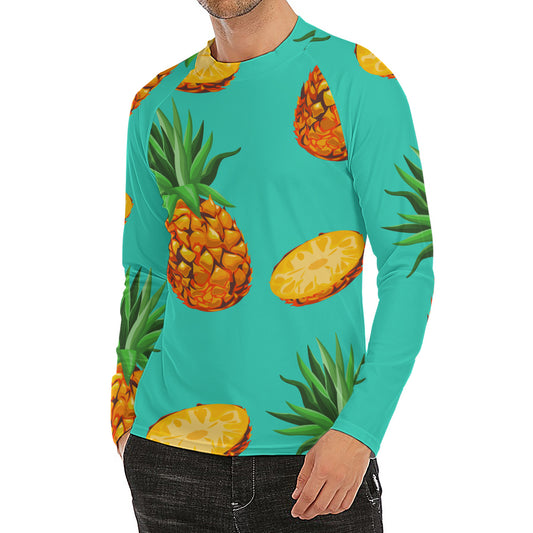Pastel Turquoise Pineapple Pattern Print Men's Long Sleeve Rash Guard