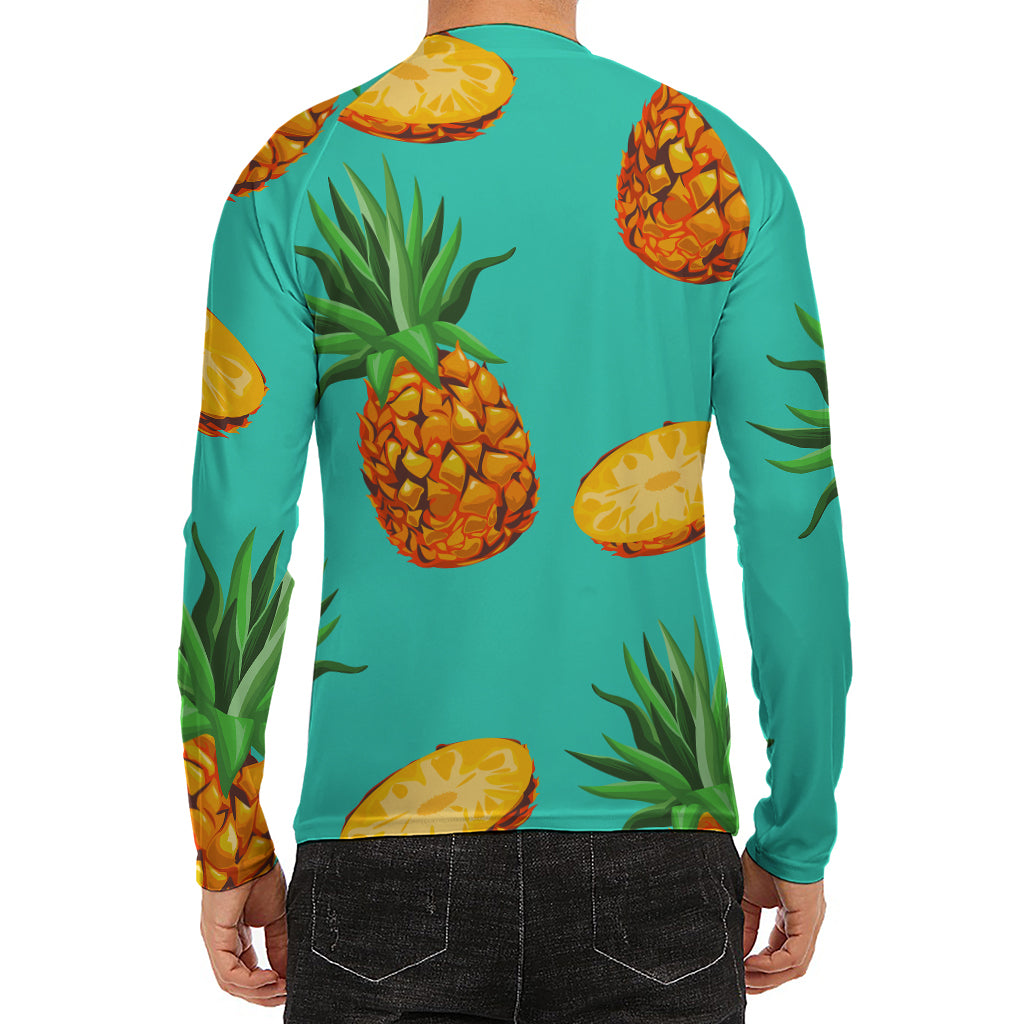 Pastel Turquoise Pineapple Pattern Print Men's Long Sleeve Rash Guard