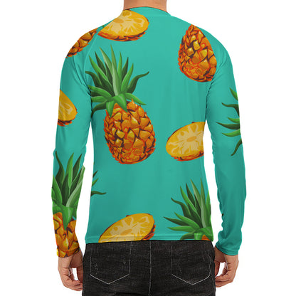Pastel Turquoise Pineapple Pattern Print Men's Long Sleeve Rash Guard