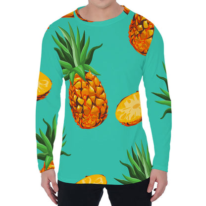 Pastel Turquoise Pineapple Pattern Print Men's Long Sleeve T-Shirt