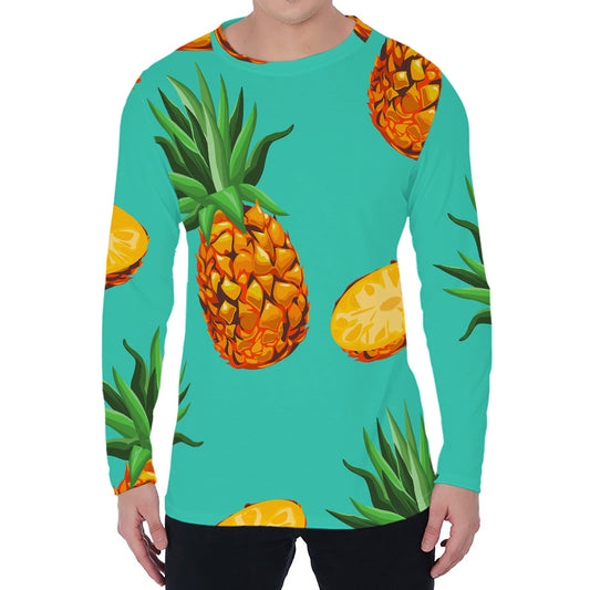 Pastel Turquoise Pineapple Pattern Print Men's Long Sleeve T-Shirt