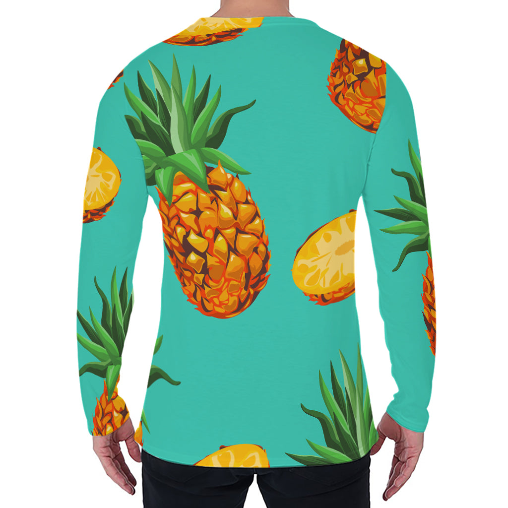 Pastel Turquoise Pineapple Pattern Print Men's Long Sleeve T-Shirt