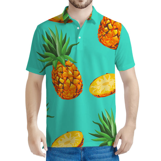 Pastel Turquoise Pineapple Pattern Print Men's Polo Shirt