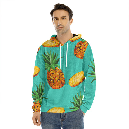 Pastel Turquoise Pineapple Pattern Print Men's Velvet Pullover Hoodie