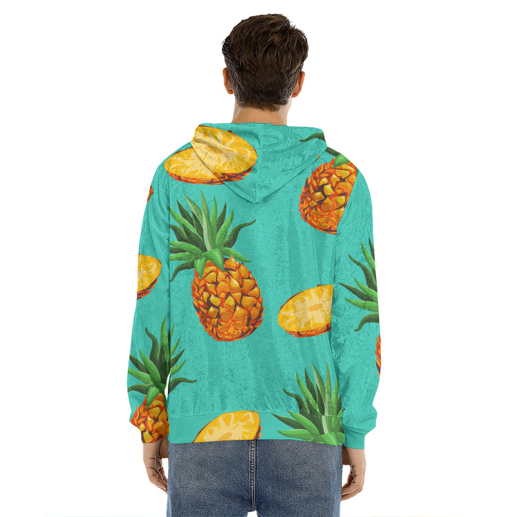 Pastel Turquoise Pineapple Pattern Print Men's Velvet Pullover Hoodie
