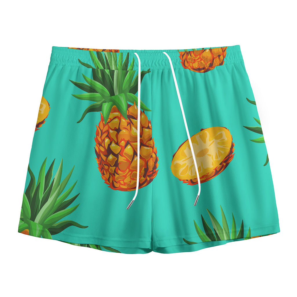 Pastel Turquoise Pineapple Pattern Print Mesh Shorts