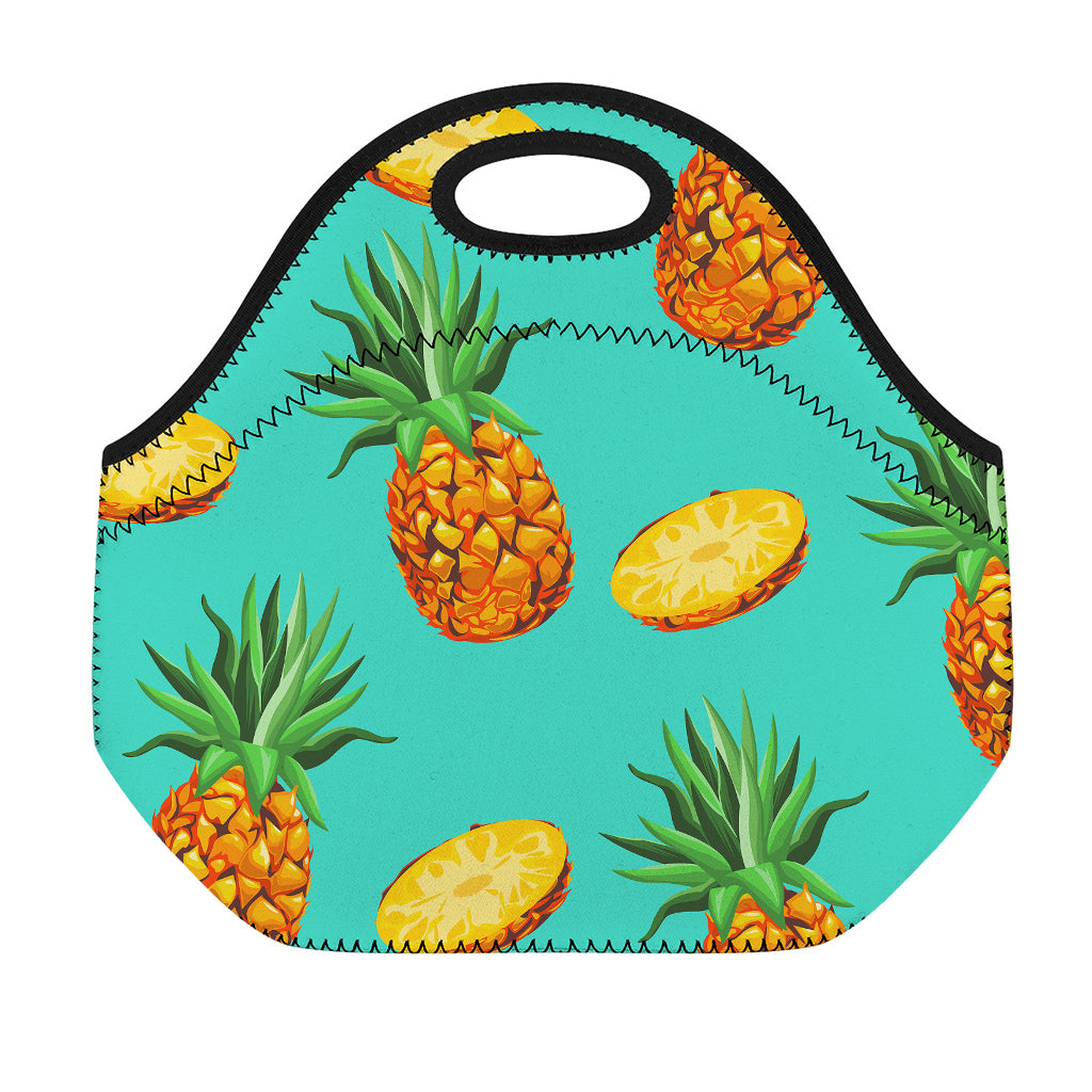 Pastel Turquoise Pineapple Pattern Print Neoprene Lunch Bag