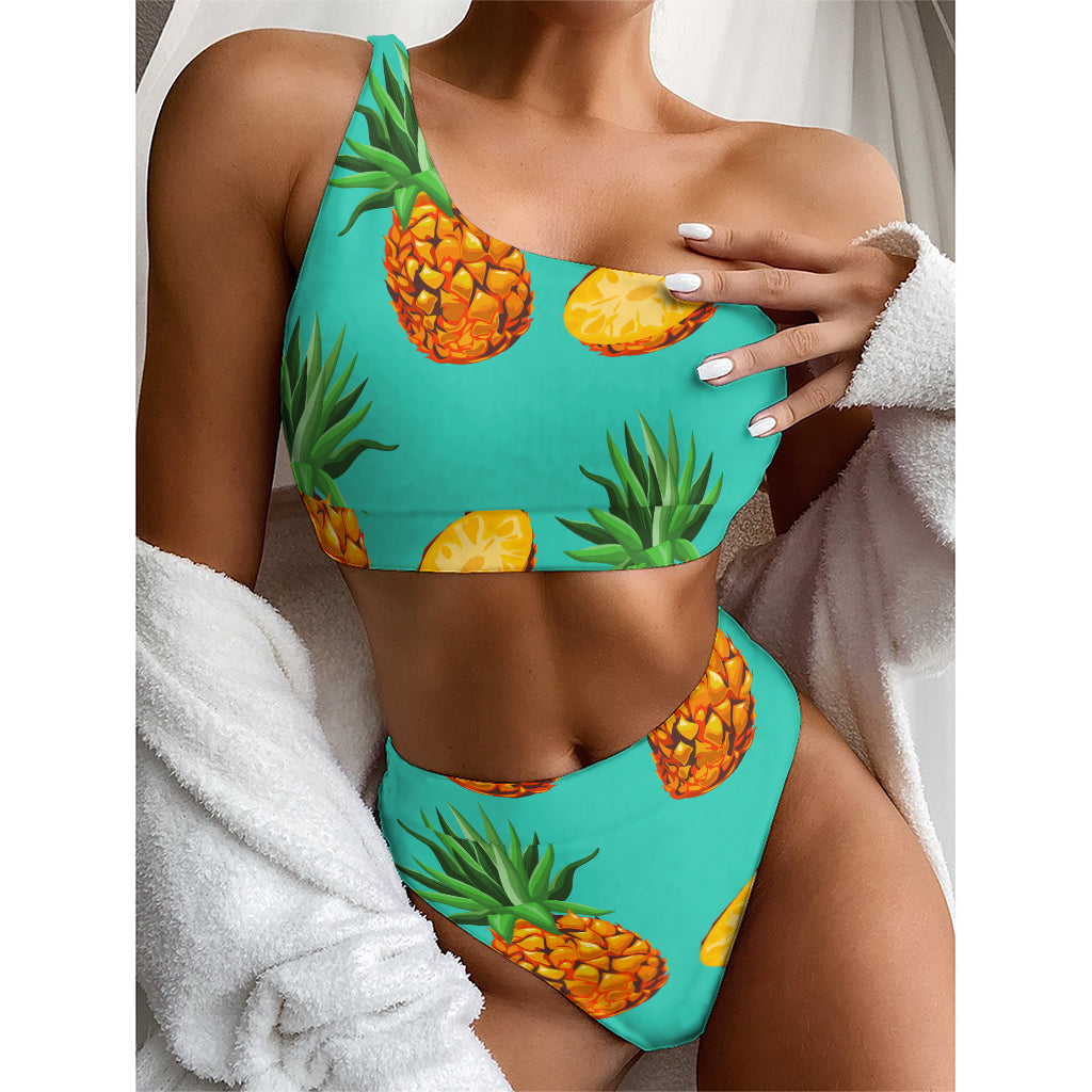 Pastel Turquoise Pineapple Pattern Print One Shoulder Bikini Top