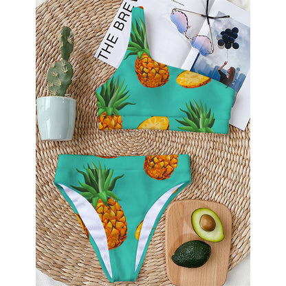 Pastel Turquoise Pineapple Pattern Print One Shoulder Bikini Top