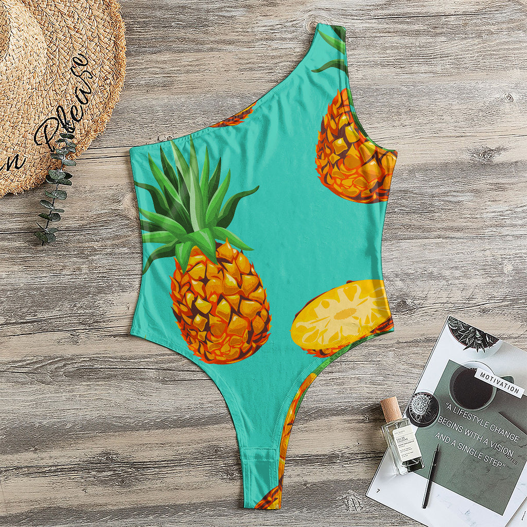 Pastel Turquoise Pineapple Pattern Print One Shoulder Bodysuit