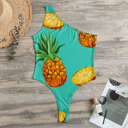 Pastel Turquoise Pineapple Pattern Print One Shoulder Bodysuit
