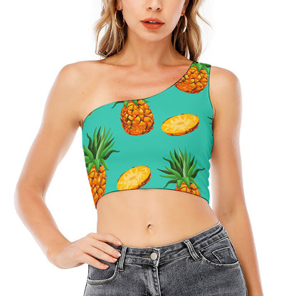 Pastel Turquoise Pineapple Pattern Print One Shoulder Crop Top