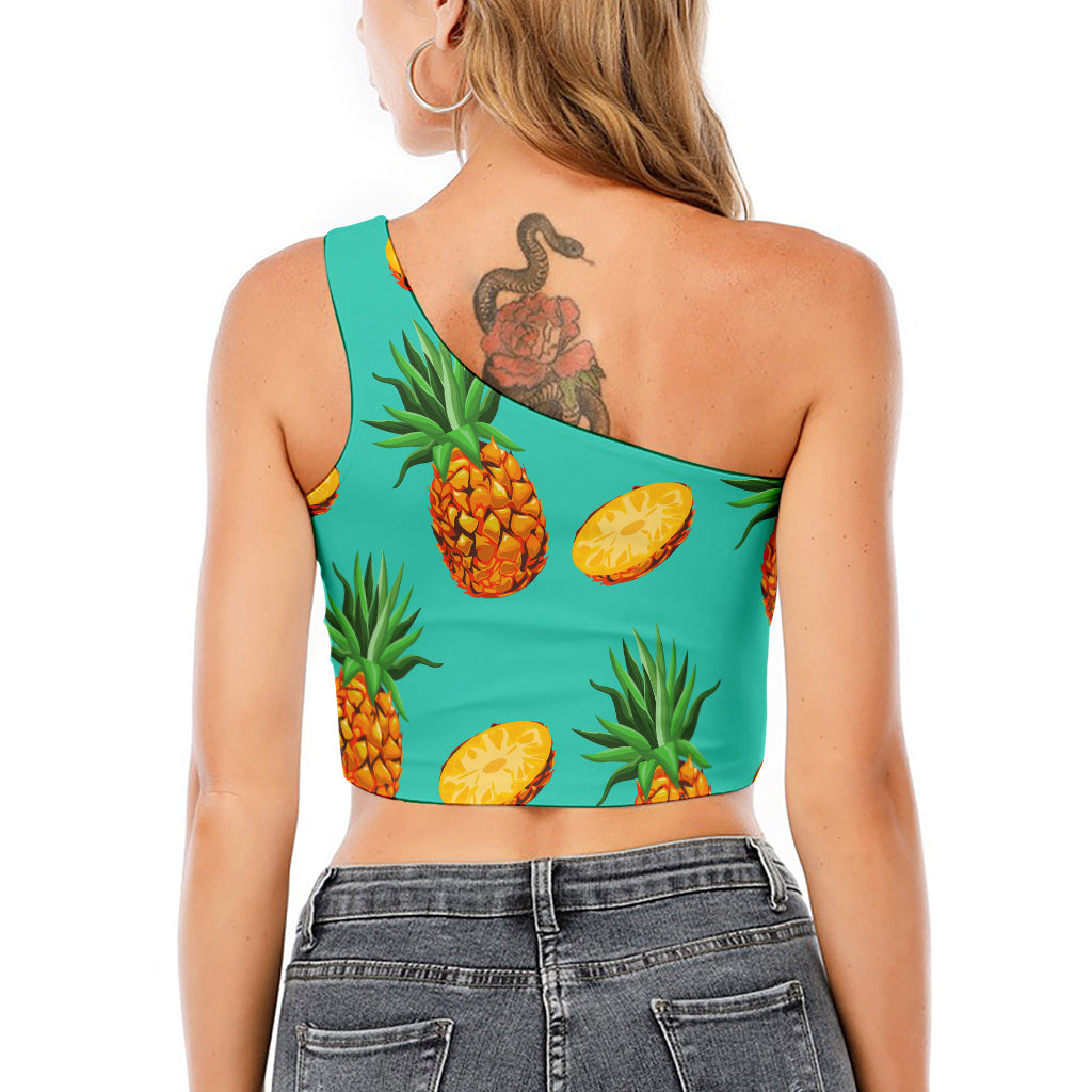 Pastel Turquoise Pineapple Pattern Print One Shoulder Crop Top