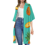 Pastel Turquoise Pineapple Pattern Print Open Front Beach Cover Up