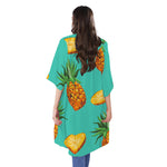 Pastel Turquoise Pineapple Pattern Print Open Front Beach Cover Up