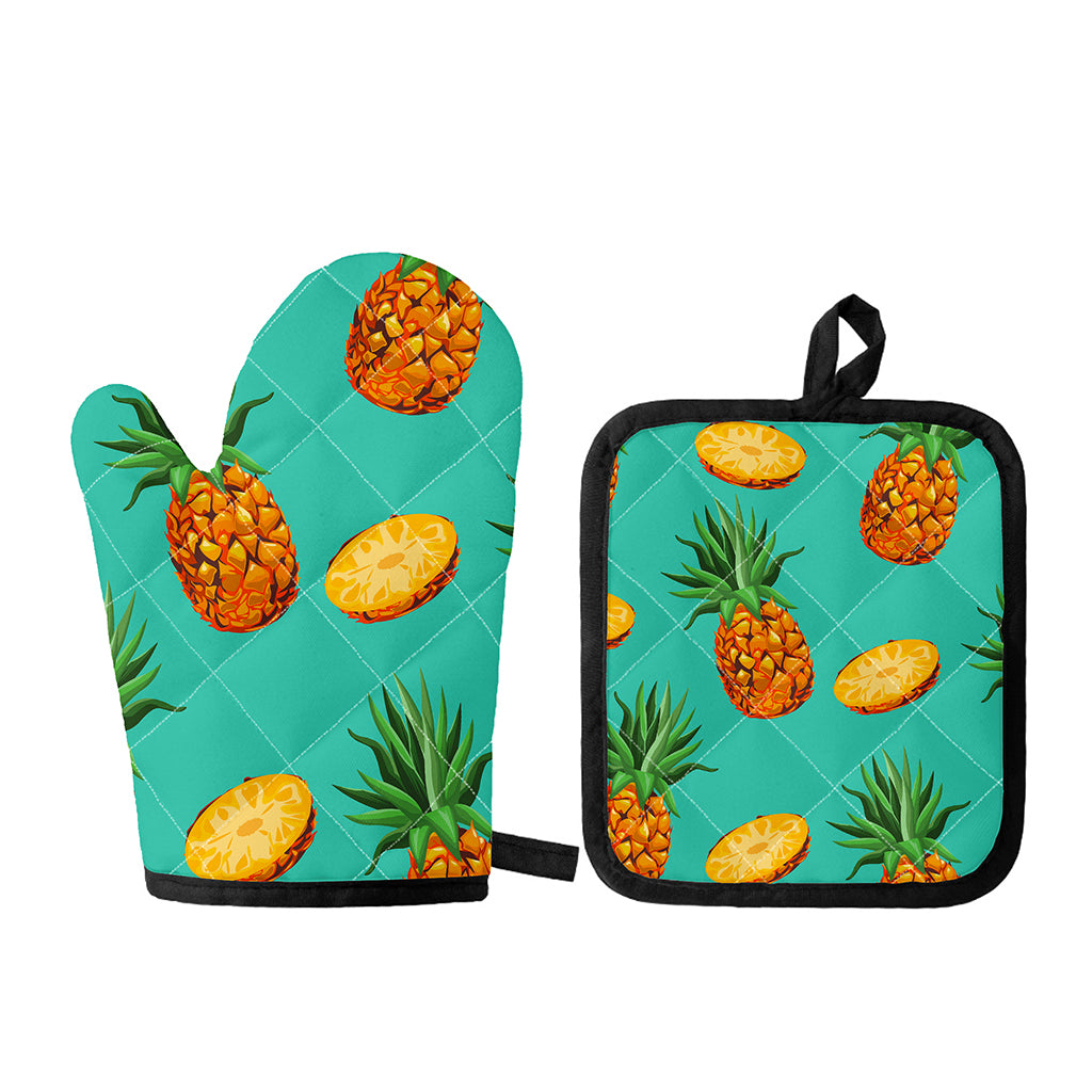 Pastel Turquoise Pineapple Pattern Print Oven Mitt And Pot Holder Set