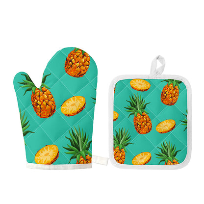 Pastel Turquoise Pineapple Pattern Print Oven Mitt And Pot Holder Set