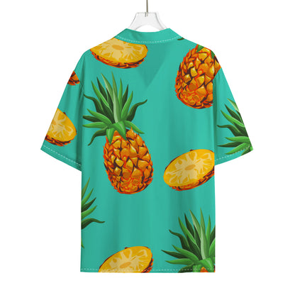 Pastel Turquoise Pineapple Pattern Print Rayon Hawaiian Shirt