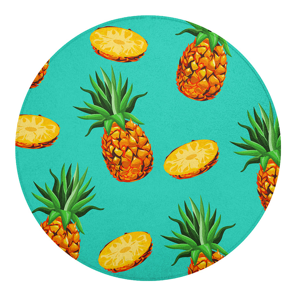 Pastel Turquoise Pineapple Pattern Print Round Blanket
