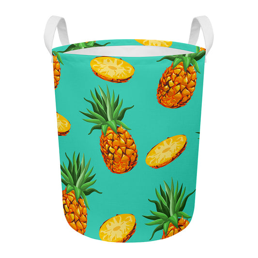 Pastel Turquoise Pineapple Pattern Print Round Laundry Basket