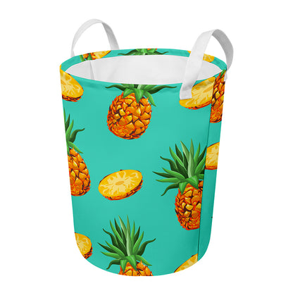 Pastel Turquoise Pineapple Pattern Print Round Laundry Basket