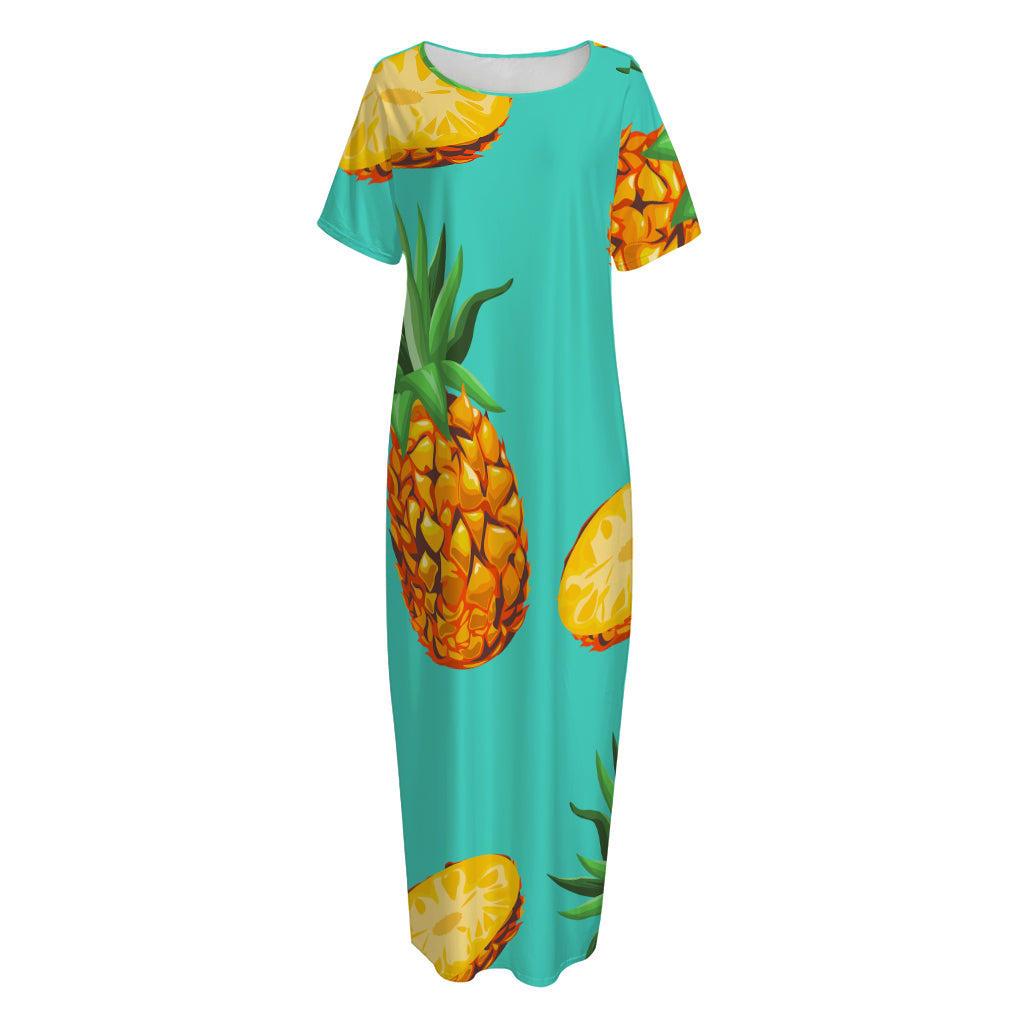 Pastel Turquoise Pineapple Pattern Print Short Sleeve Long Nightdress