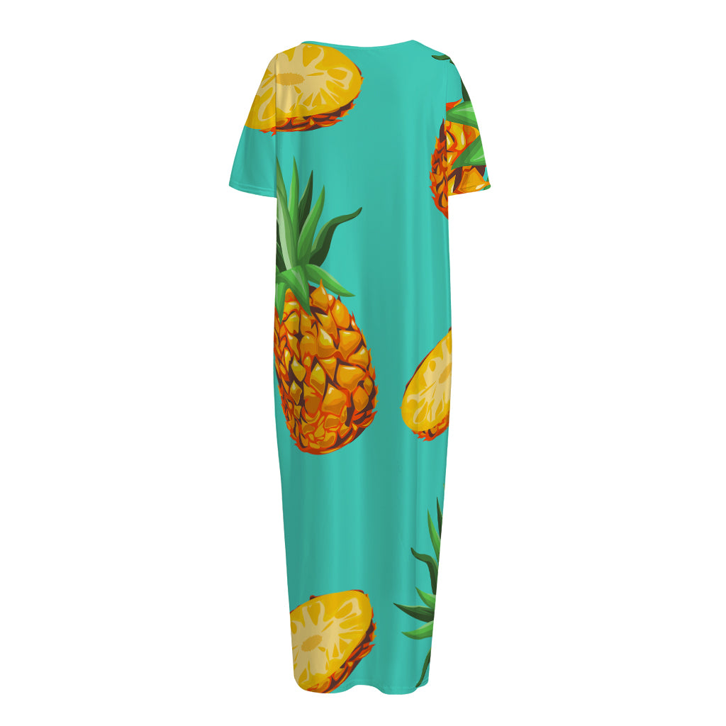 Pastel Turquoise Pineapple Pattern Print Short Sleeve Long Nightdress