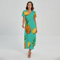 Pastel Turquoise Pineapple Pattern Print Short Sleeve Maxi Dress