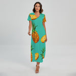 Pastel Turquoise Pineapple Pattern Print Short Sleeve Maxi Dress