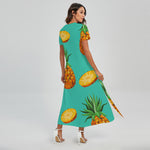Pastel Turquoise Pineapple Pattern Print Short Sleeve Maxi Dress