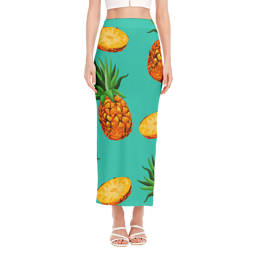 Pastel Turquoise Pineapple Pattern Print Side Slit Maxi Skirt