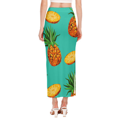 Pastel Turquoise Pineapple Pattern Print Side Slit Maxi Skirt