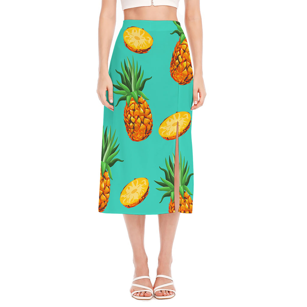 Pastel Turquoise Pineapple Pattern Print Side Slit Midi Skirt