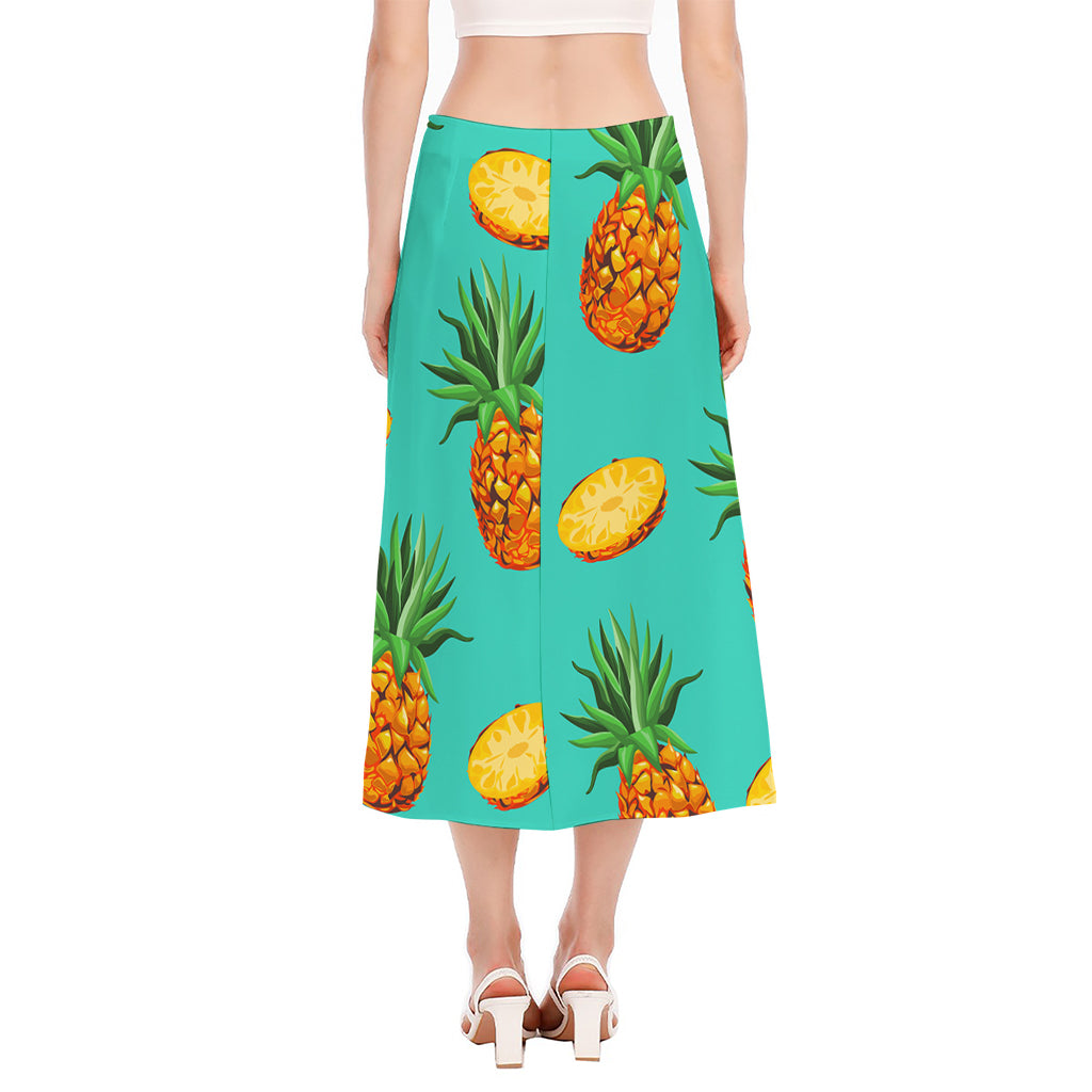 Pastel Turquoise Pineapple Pattern Print Side Slit Midi Skirt