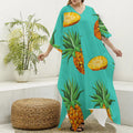 Pastel Turquoise Pineapple Pattern Print Silk V-Neck Kaftan Dress