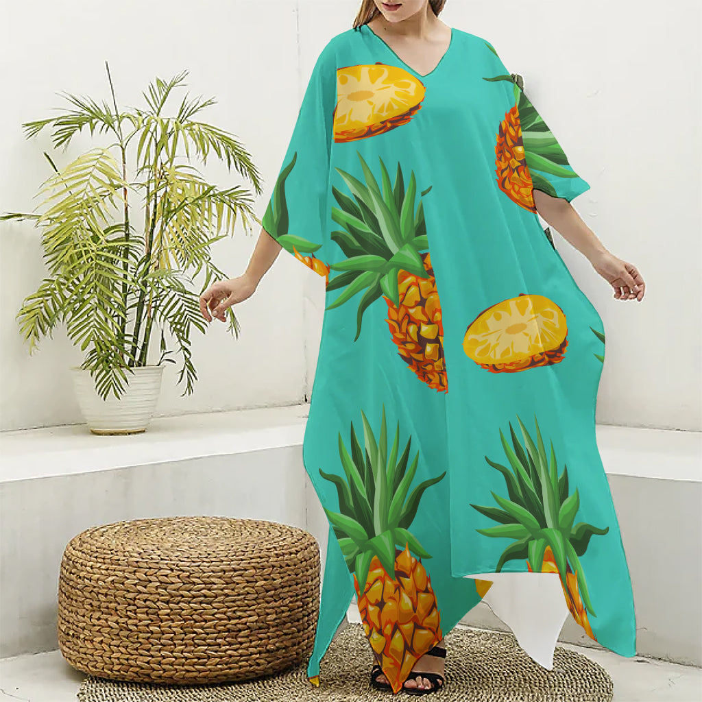 Pastel Turquoise Pineapple Pattern Print Silk V-Neck Kaftan Dress