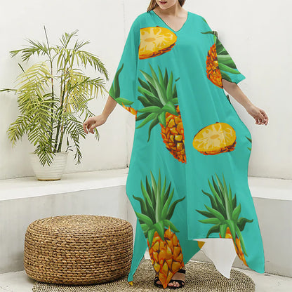 Pastel Turquoise Pineapple Pattern Print Silk V-Neck Kaftan Dress