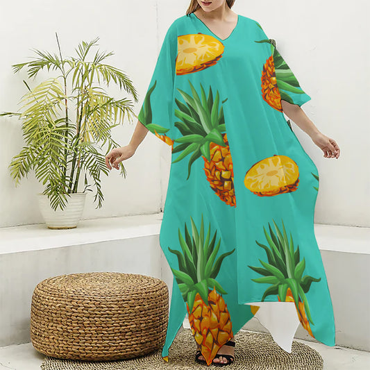Pastel Turquoise Pineapple Pattern Print Silk V-Neck Kaftan Dress