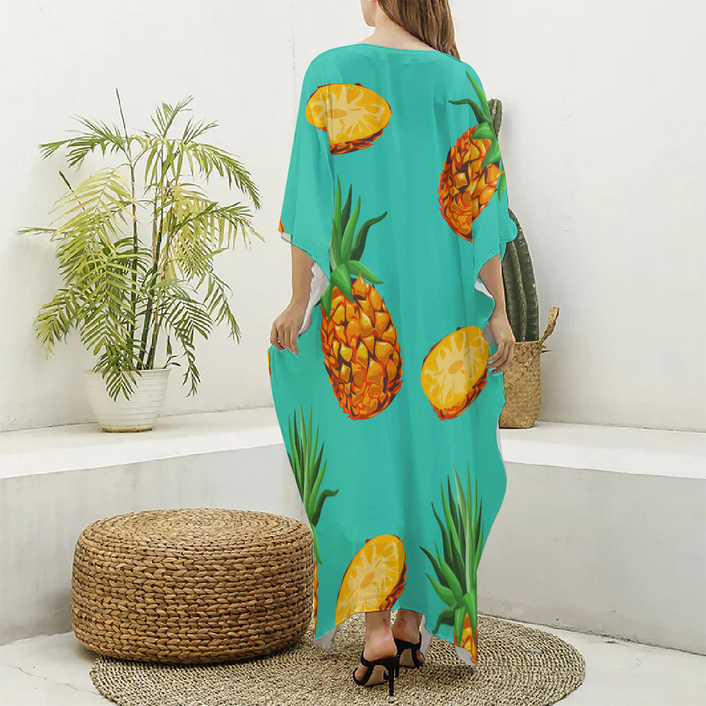 Pastel Turquoise Pineapple Pattern Print Silk V-Neck Kaftan Dress