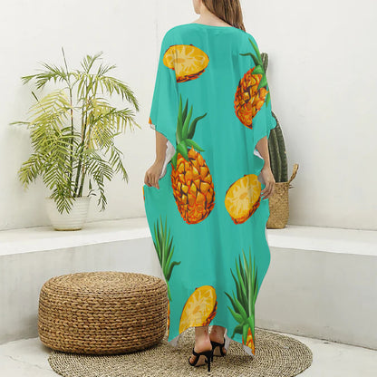 Pastel Turquoise Pineapple Pattern Print Silk V-Neck Kaftan Dress