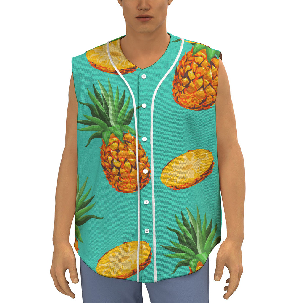 Pastel Turquoise Pineapple Pattern Print Sleeveless Baseball Jersey