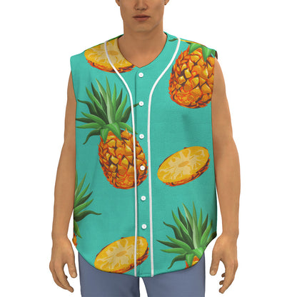 Pastel Turquoise Pineapple Pattern Print Sleeveless Baseball Jersey