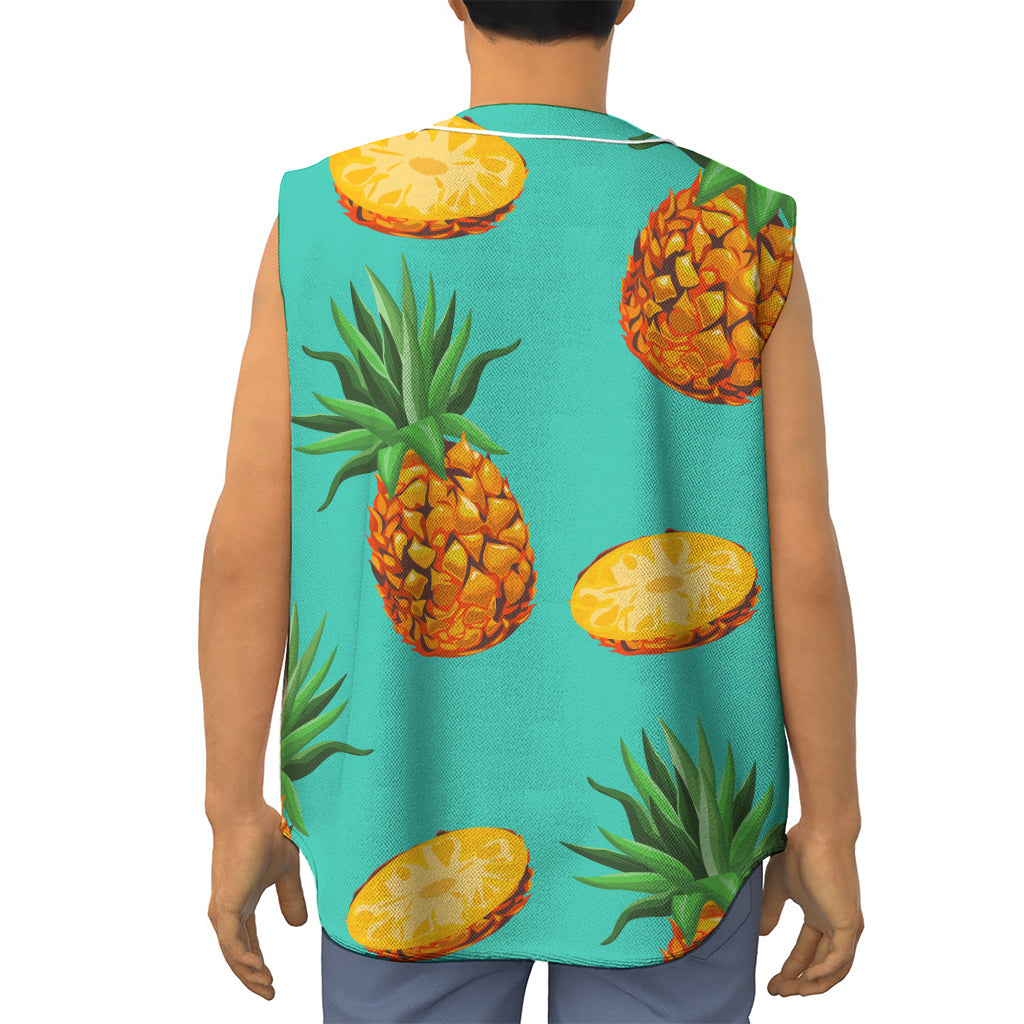 Pastel Turquoise Pineapple Pattern Print Sleeveless Baseball Jersey