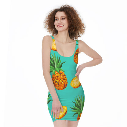Pastel Turquoise Pineapple Pattern Print Sleeveless Bodycon Dress