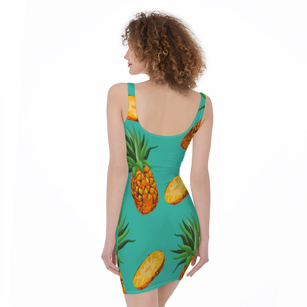 Pastel Turquoise Pineapple Pattern Print Sleeveless Bodycon Dress