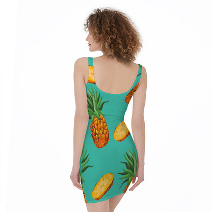 Pastel Turquoise Pineapple Pattern Print Sleeveless Bodycon Dress